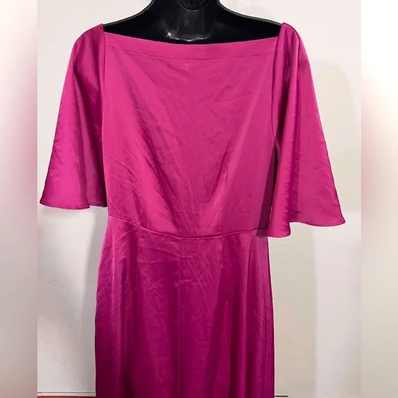 Banana Republic Satin Magenta Midi Dress Elegant Pink Flutter Sleeve Dress - Picture 9 of 13